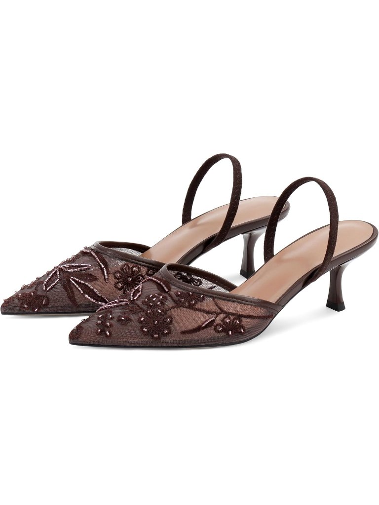 Women's Burgundy Pointed Toe Mesh Floral Slingback Heels Sandals With Pearl
